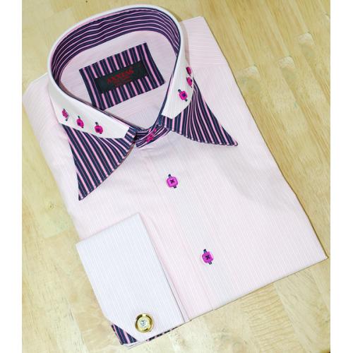 Axxess Pink / White Pinstripes With Black / Fuchsia Striped Trimming on Collar And Cuffs 100% Cotton Dress Shirt